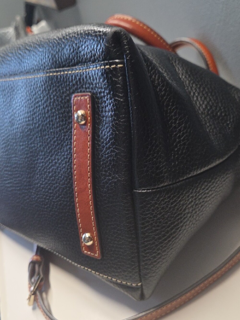 Dooney & Bourke Black Pebble Leather Satchel with Brown Trim - Picture 4 of 10